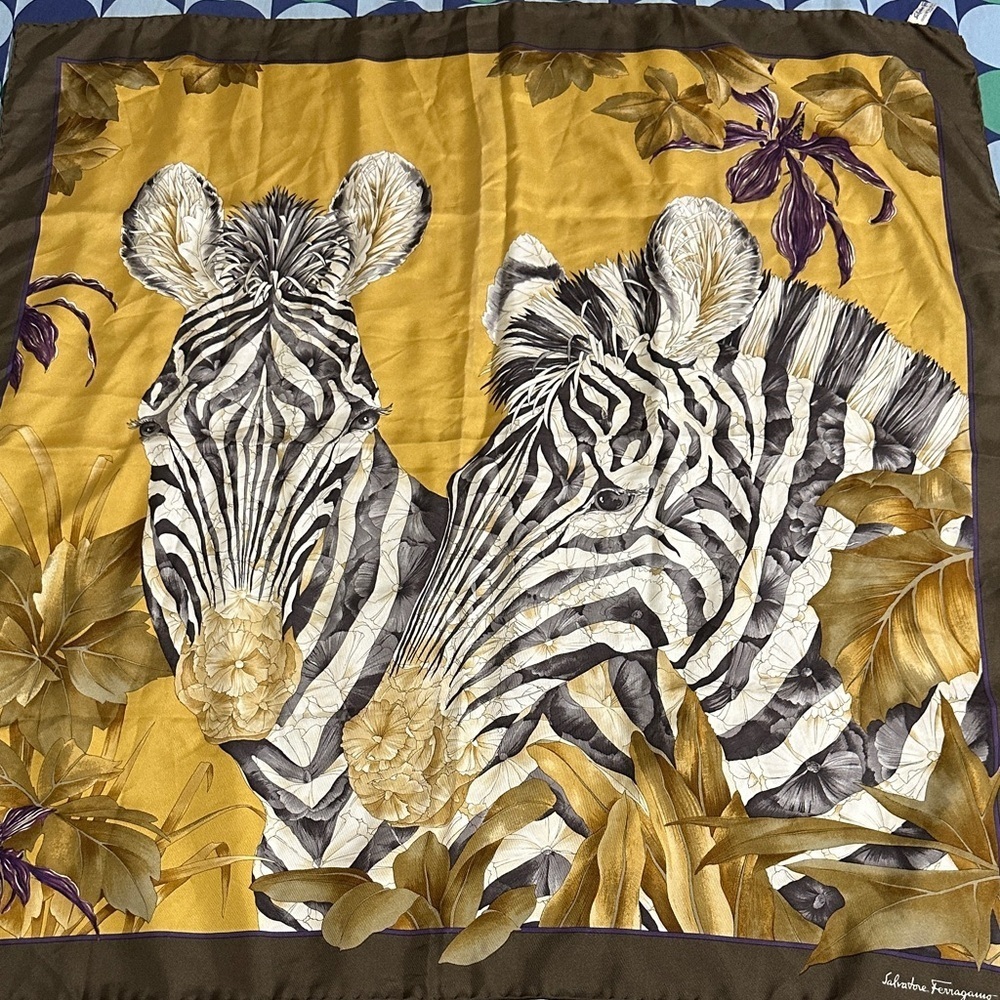 Salvatore Ferragamo Zebra Print Silk Scarf in Mustard, Black, White, Purple